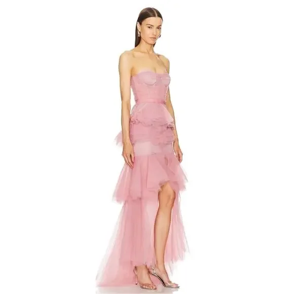 MICHAEL COSTELLO Alai Strapless Tiered Tulle Maxi Gown in Mauve Pink Size XS - Picture 2 of 11